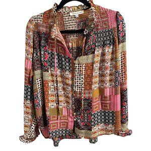 👗 2/$30 Rose and Olive Long Sleeve Boho Blouse with Cinched Cuffs Tie Top sz S